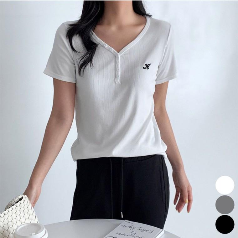 버튼 Y넥 포인트 여성용 자수 심플 반팔티 여름 3컬러