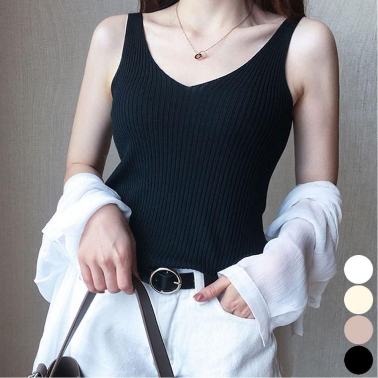 브이넥 여자 여름 골지 민소매 우아한 나시 슬림핏
