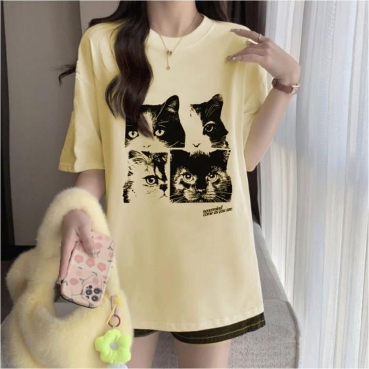 고양이 데일리 여름 루즈핏 프린팅 여자 티셔츠 반팔