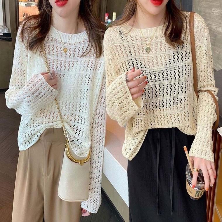 여름 펀칭 긴팔 니트 망사 휴양지 여자 그물 루즈핏