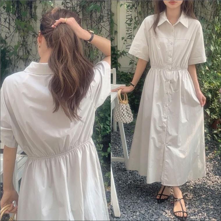 셔츠카라 롱 블라우스 밴딩 여성 원피스 여름 플레어 원피스