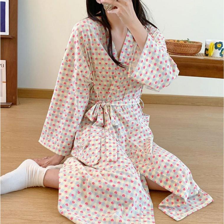 목욕가운 로 얇은 샤워가운 여성용 여름용 체크 하트