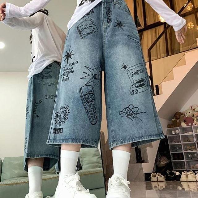 데님 여성 팬츠 통바지 스트릿 청반바지 그래픽 여름 7부