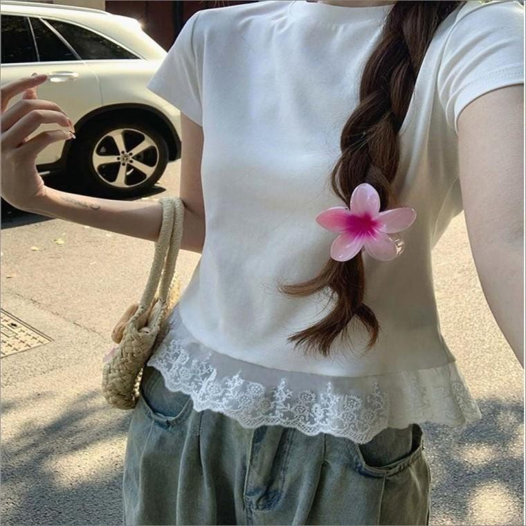 슬림핏 밑단 레이스 반팔티 화이트 티셔츠 여름 여자