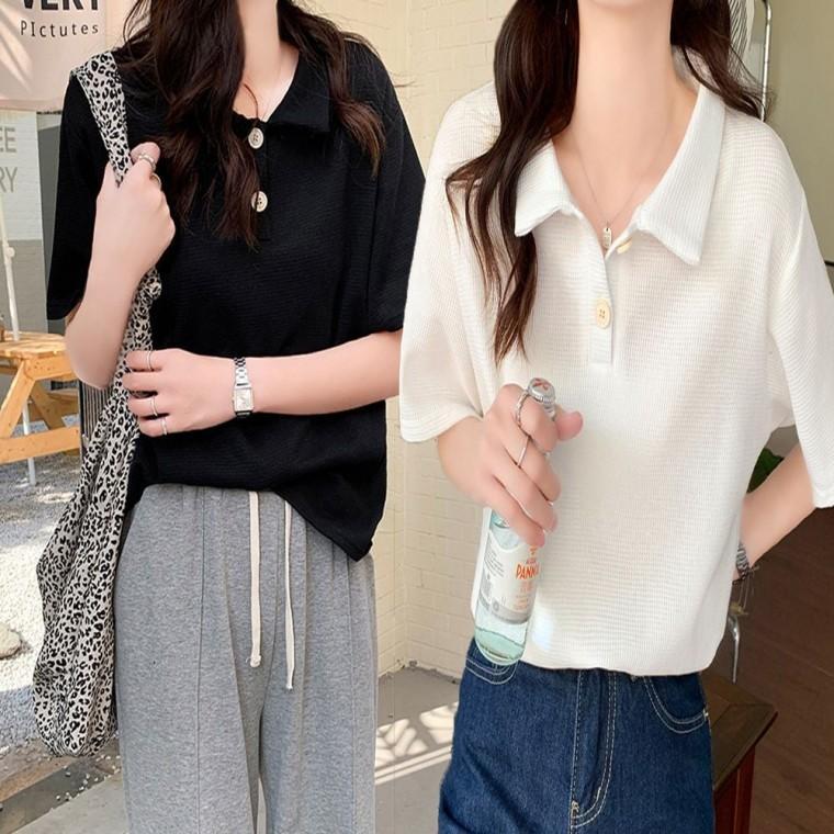 반팔 여름 여성 데일리 카라티 카라티 셔츠 와플