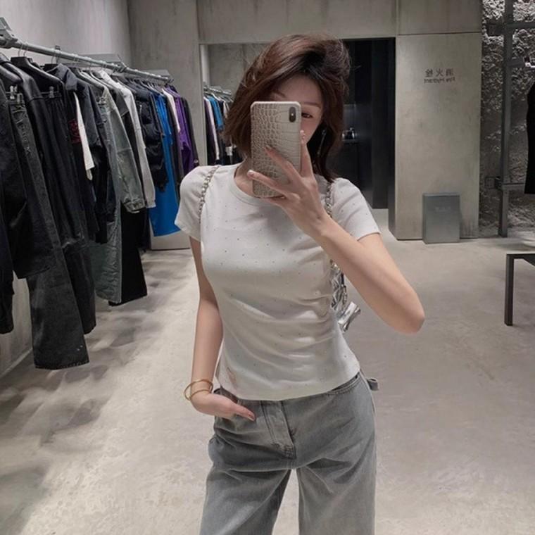 반팔티 골지 여성 슬림핏 티셔츠 포인트 여름 큐빅 라운드넥