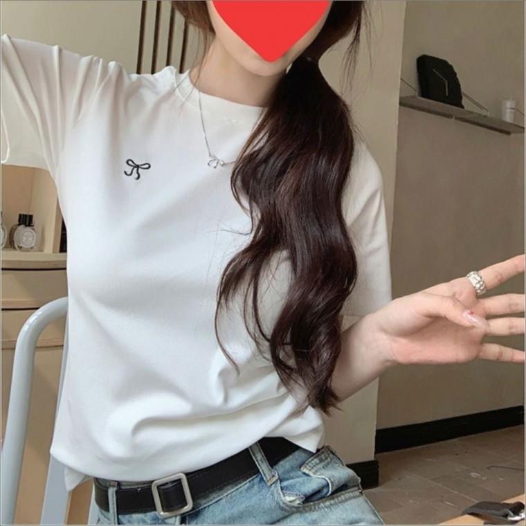 라운드넥 리본 슬림핏 반팔 여자 포인트 여름 티셔츠