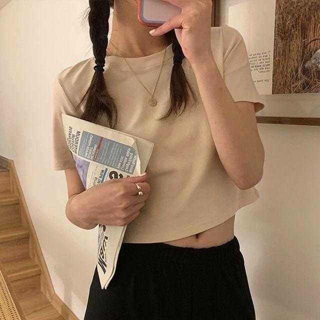 여성 티셔츠 베이직 크롭 재질 부들 반팔티 여름 5색
