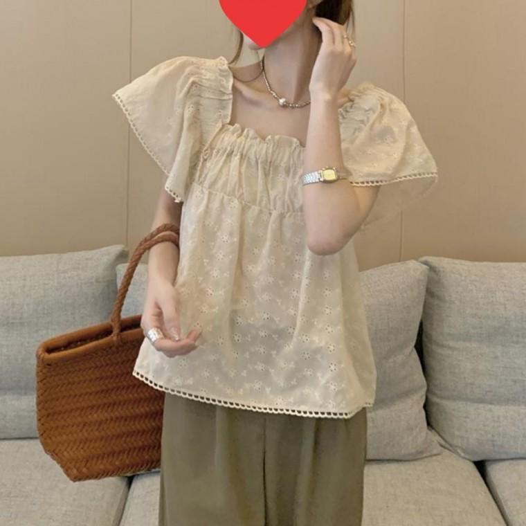 팔뚝살 여자 블라우스 스퀘어넥 여름 보 레이스 펀칭