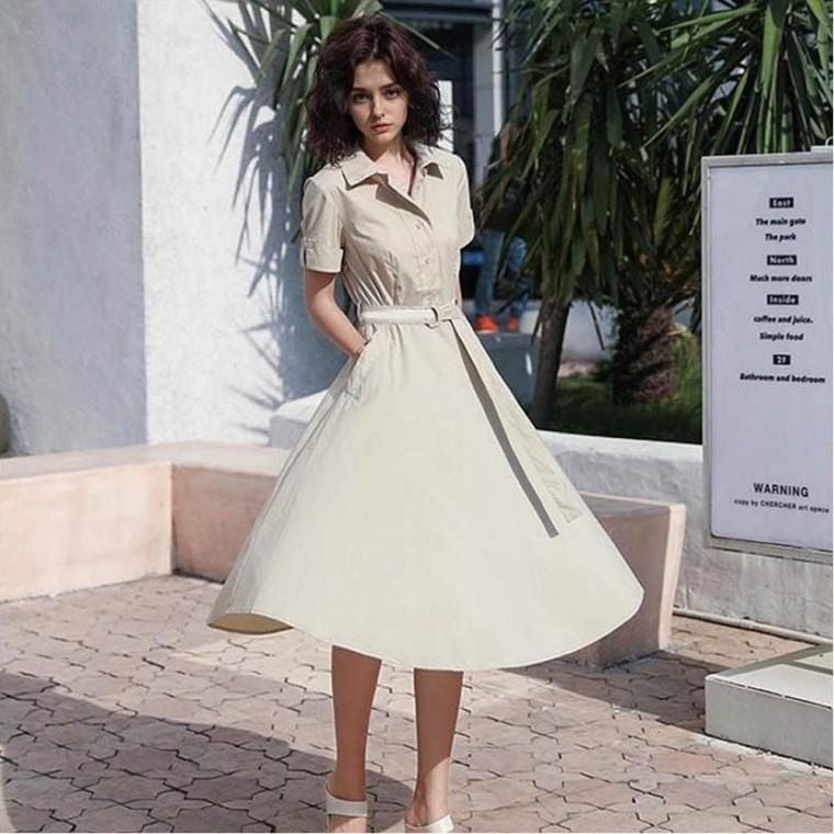 단정한 여름 A라인 원피스 벨트 셔츠 카라 여성