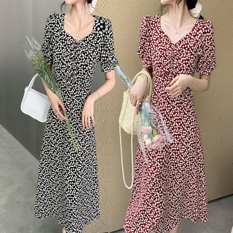 패턴 롱원피스 앵두 어깨 여름 여자 시원한 퍼프 반팔