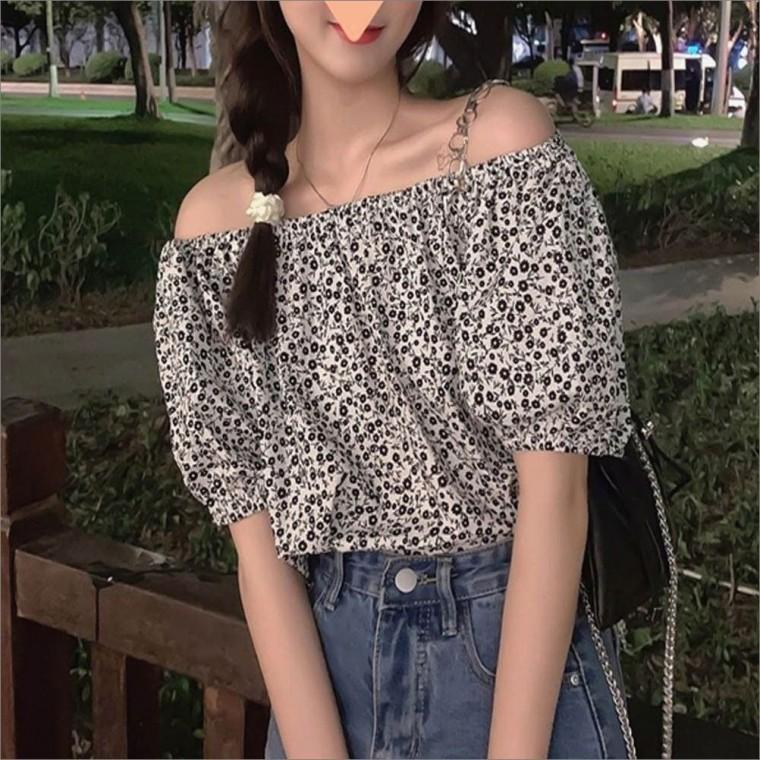 여자 어깨 밴딩 오프숄더 상 여름 잔꽃무늬 블라우스