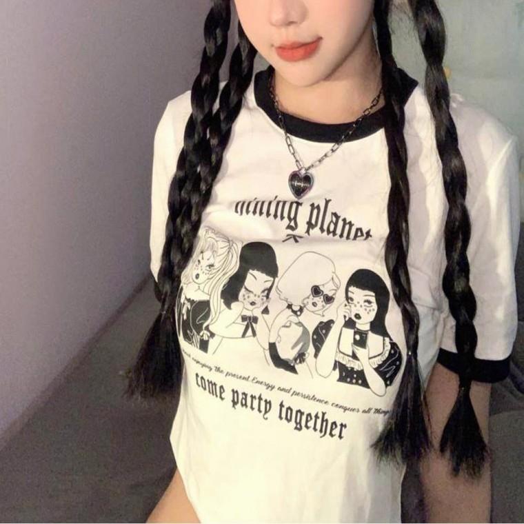 상의 배색 크롭 프린팅 링거티 여름 반팔티 여자