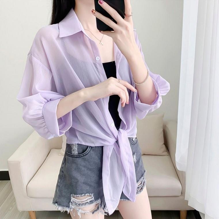 7색 얇은 여성 벌룬소매 쉬폰 남방 시스루 셔츠 여름