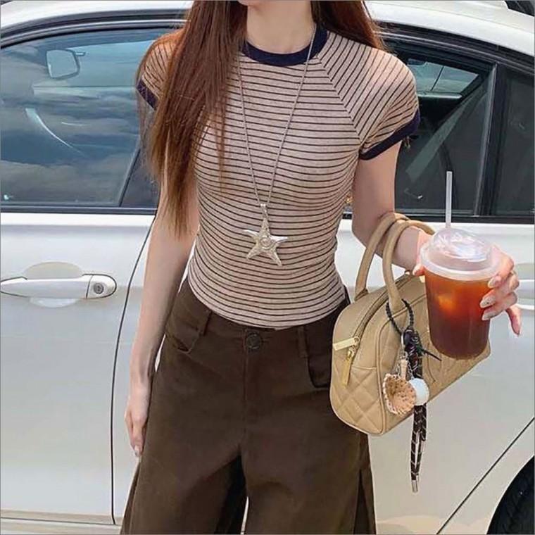 상의 스트라이프 티셔츠 반팔 여름 크롭 캡소매 여성