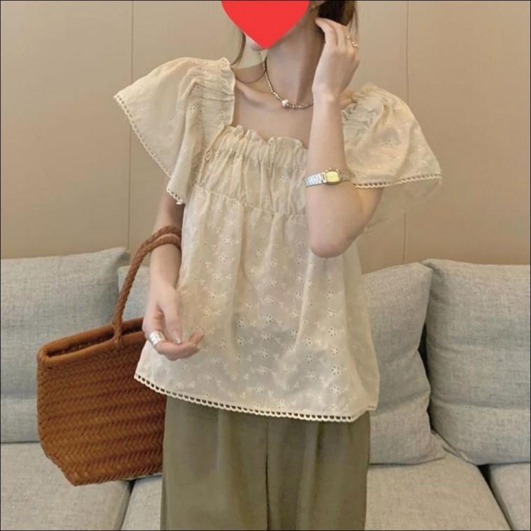 펀칭 블라우스 여름 레이스 여자 스퀘어넥 보 팔뚝살