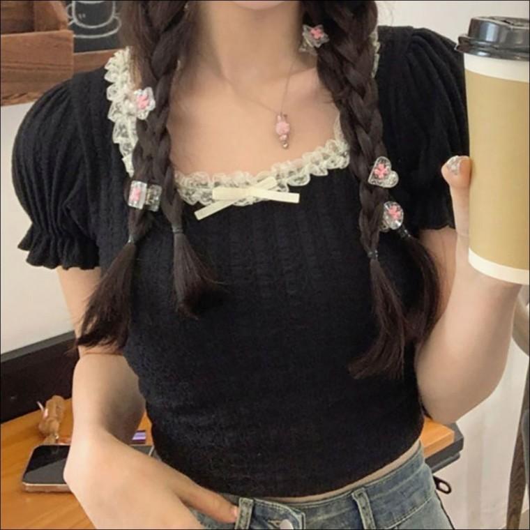 티셔츠 크롭 여름 레이스 반팔 퍼프 스퀘어넥 여자 상의 3컬러