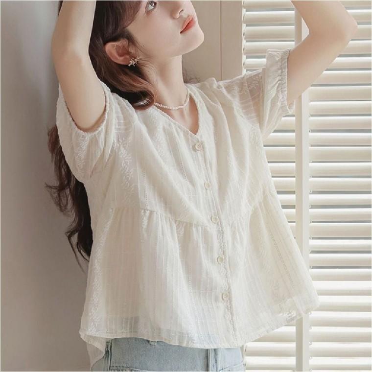 v넥 여름 여자 청순 블라우스 자수 아일렛 쉬폰셔츠 A라인