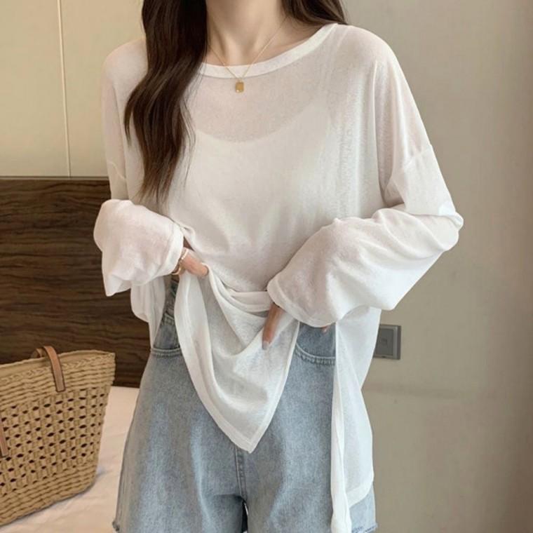 긴팔 여성 옆트임 티셔츠 루즈핏 얇은 여름 시스루
