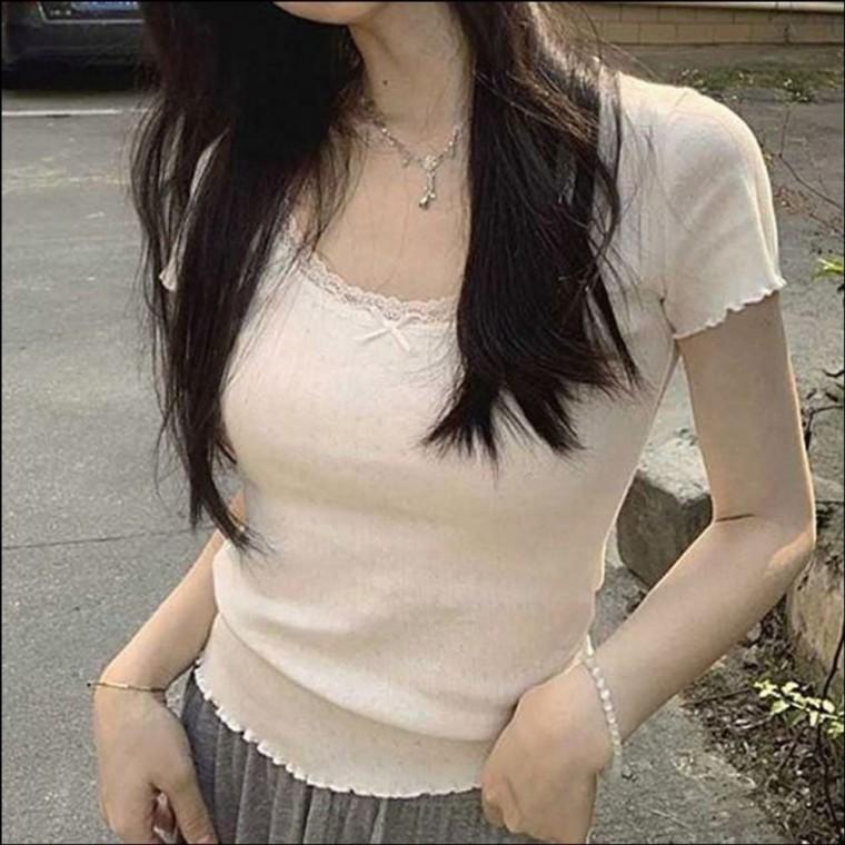 레이스 아일렛 반팔티 프릴 티셔츠 청순 여름 U넥 여자