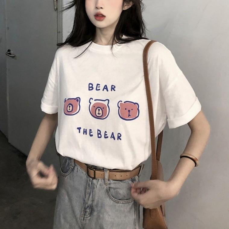 편한 곰돌이 프린팅 여름 루즈핏 반팔 라운드티 여성