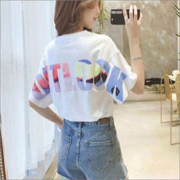 2컬러 여름 백프린팅 반팔티셔츠 루즈핏 여자 포인트 데일리