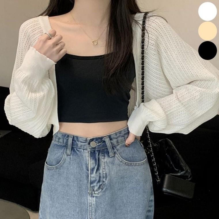 긴팔 여자 여름 볼레로 가디건 펀칭 얇은 벌룬소매