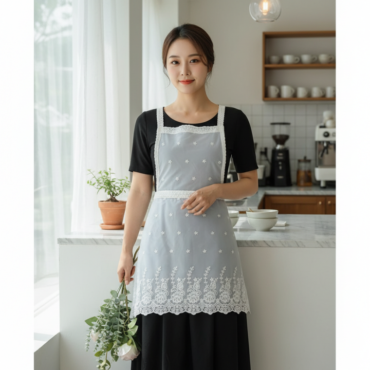 주방 카페 꽃집 방수 앞치마 예쁜 꽃무늬 레이스 허리 작업용 에이프런