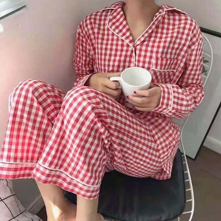체크무늬 3색 상하의세트 홈웨어 긴팔 잠옷 여성 긴바지