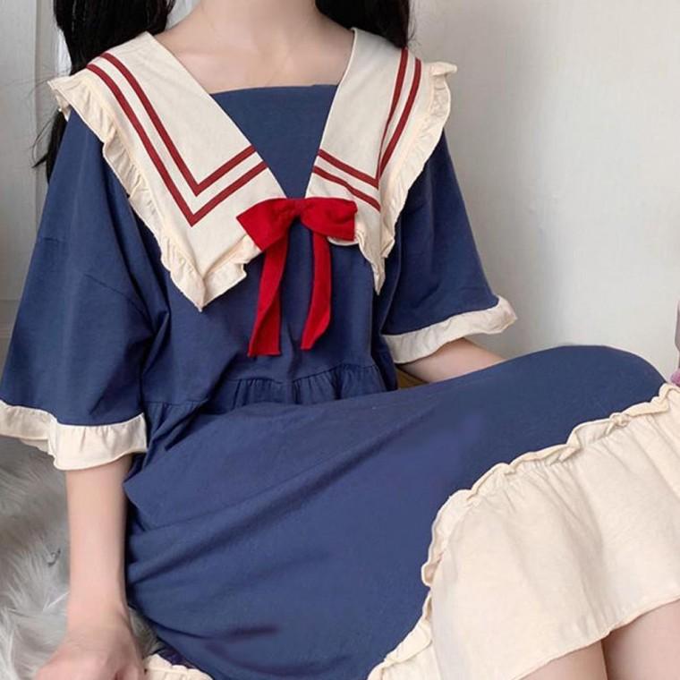 여성 예쁜 반팔 파마자 귀여운 잠옷 블루 원피스