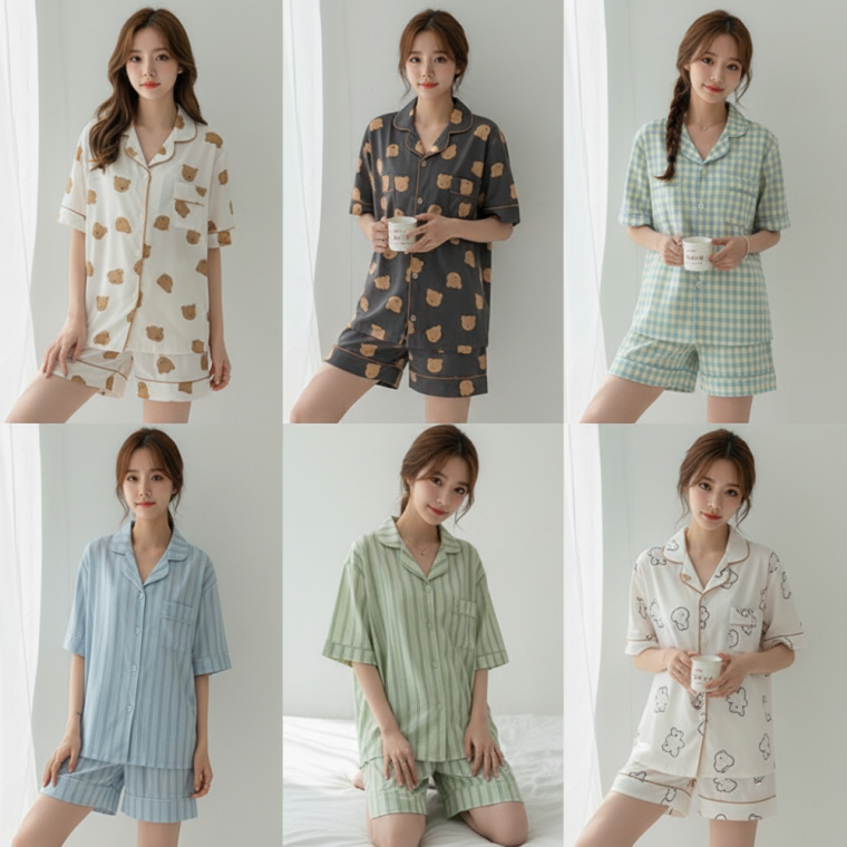 오픈카라 단추 반팔 파자마 상하의 세트 여름 잠옷 홈웨어 라운지웨어