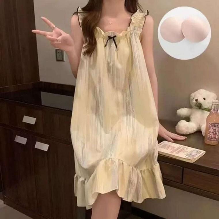캡내장 나시 원피스 플라워 홈웨어 잠옷 민소매 리본 파자마 드레스