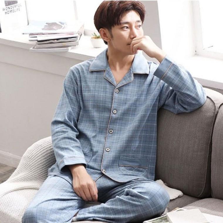 남성 긴바지 잠옷 상하의 긴팔 카라 세트 체크무늬