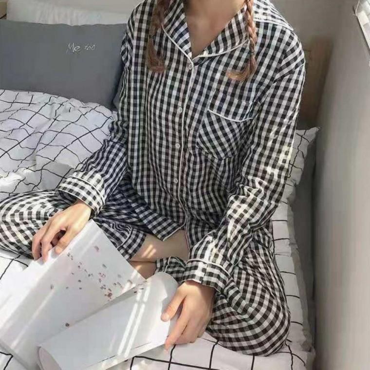 잠옷 파자마 여성 긴바지 긴팔 홈웨어 세트 체크무늬