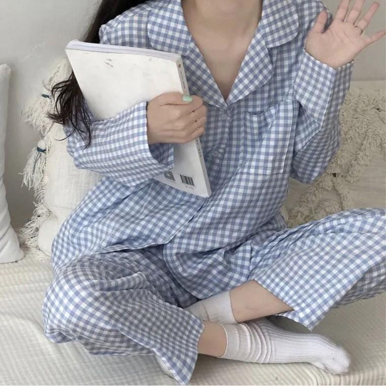 홈웨어 파자마 여자 체크무늬 긴바지 긴팔 카라 잠옷