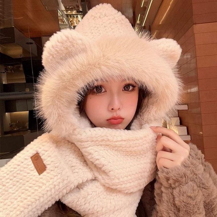 밍키 후드 모자 목도리 장갑 일체형 겨울 털목도리 털모자 털장갑 후드형 부드러운 여성