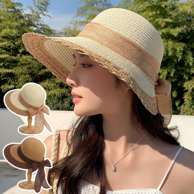 예쁜리본 비치모자 끝단 여성스런 밀짚배색 왕골모자
