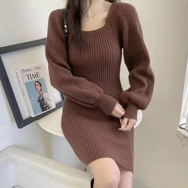 여성 쫀쫀한 니트 스퀘어넥 벌룬핏 여리 스타일 골지 미니 원피스