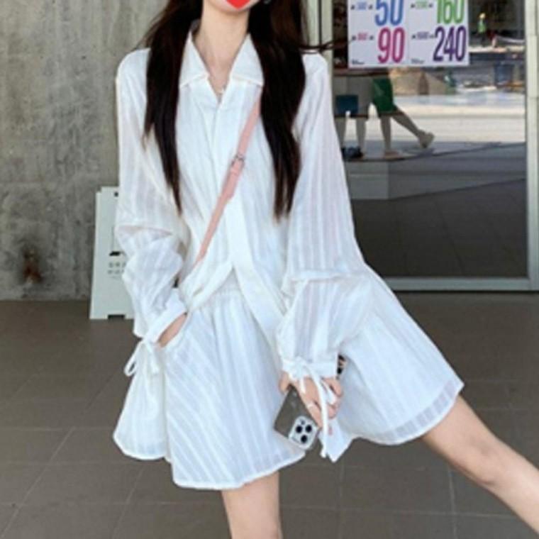 여성 청순 셔츠 미니 원피스 아이보리 1P 카라 긴팔 치마 허리 핀턱 패션