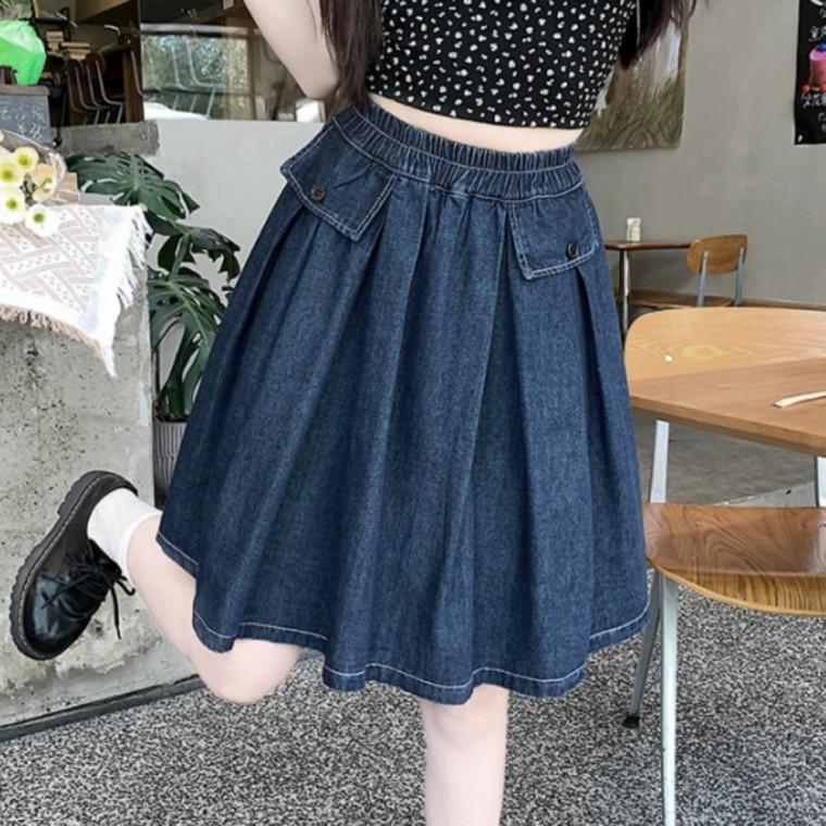 여성 러블리 A라인 허리 밴딩 미니 데님 스커트 청치마