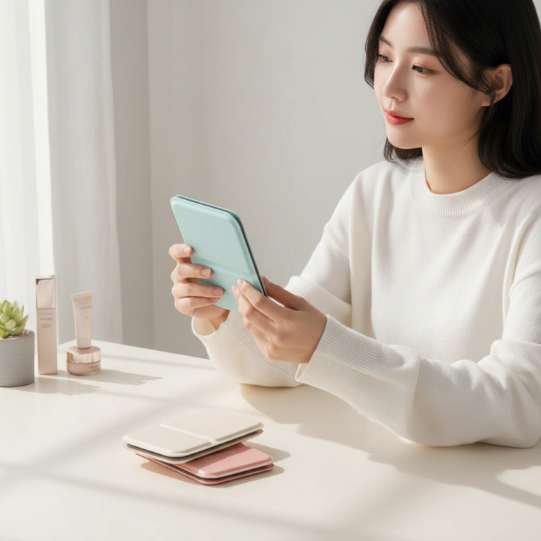 PU 가죽 접이식 휴대용 거울 각도조절 데스크 화장거울 10.8cm