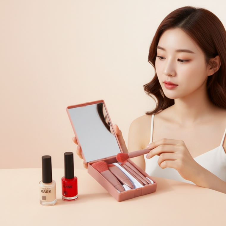 휴대용 메이크업 브러쉬 5종 세트 거울 포함 파우치 구성 화장도구