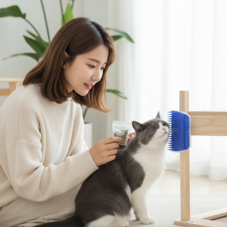 고양이 셀프 빗 벽면 부착형 코너 스크래처 캣닢 거치대 브러쉬