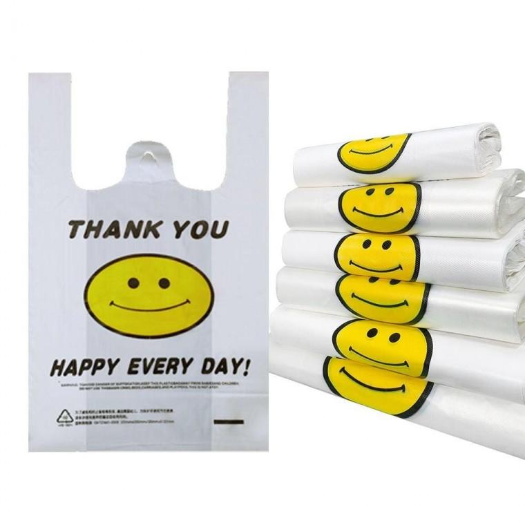 스마일 투명 비닐봉투 20X 31cm 50 매 선물 손잡이 봉다리 포장 봉지 비닐백