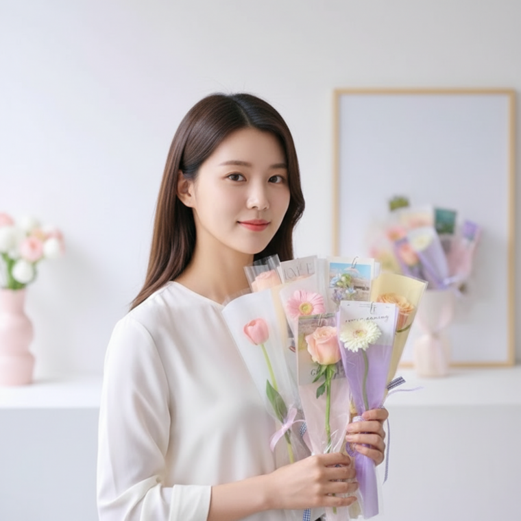 꽃 한송이 플라워 포장지 투명 비닐 낱개 포장용지 50매
