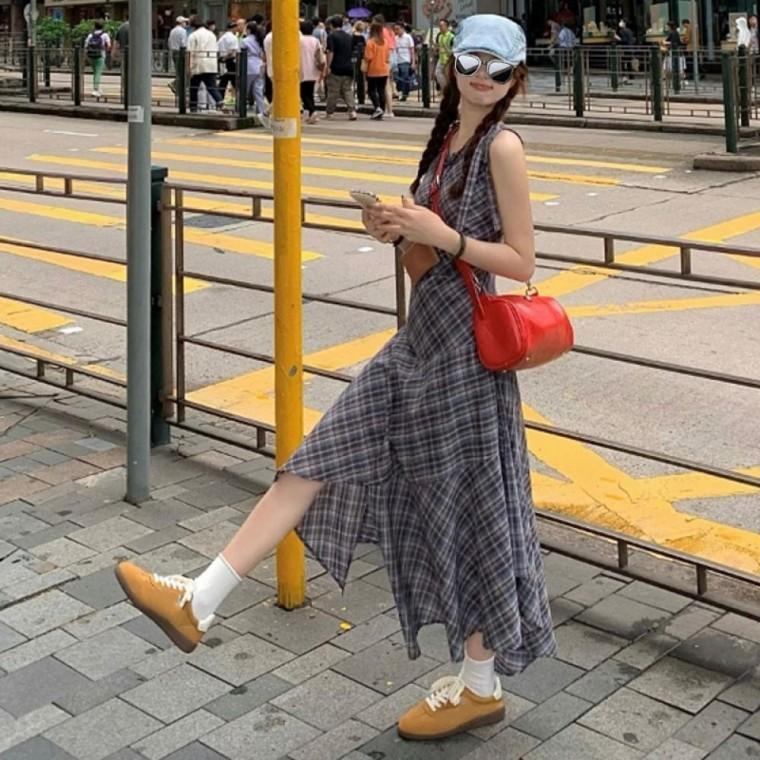 잔잔 롱원피스 휴양지 어깨스트랩 허리라인 체크패턴