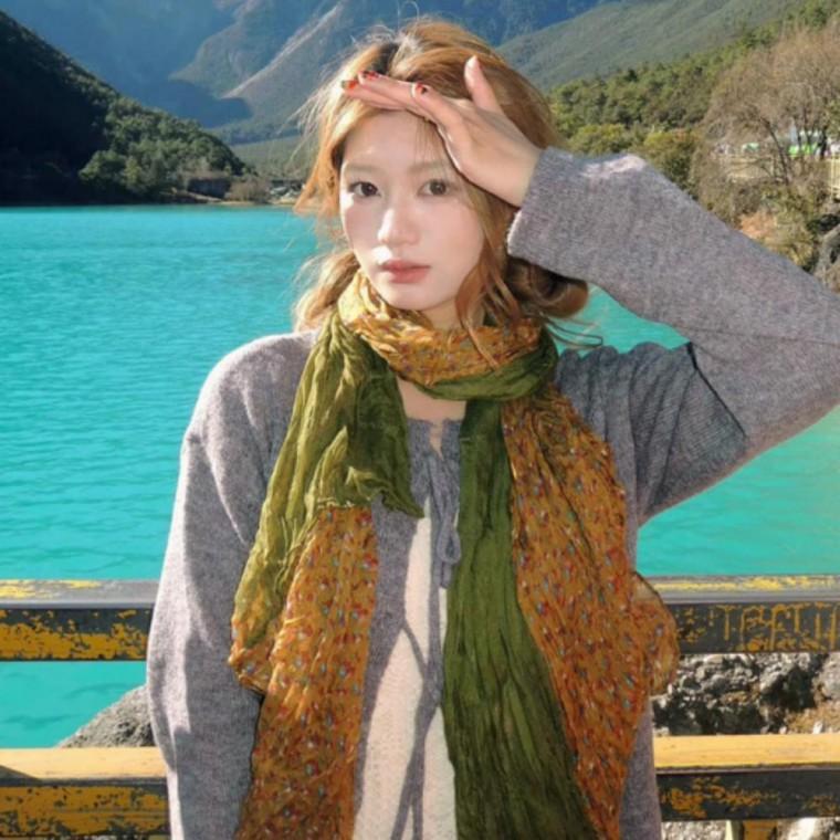 여성 러블리 스카프 꽃무늬 배색 꽈배기 롱 머플러