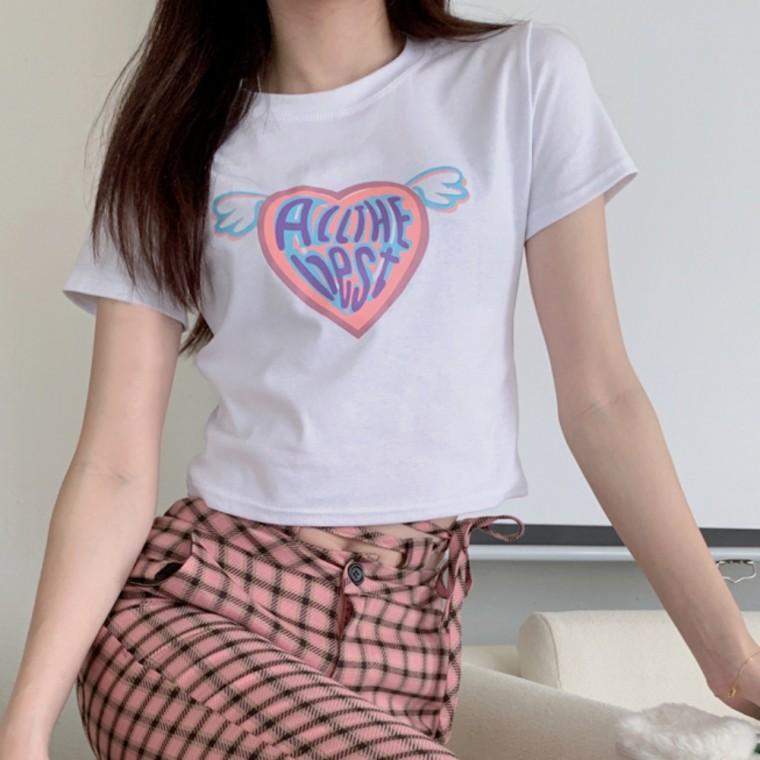 하트 날개 프린팅 여성 여름 라운드 반팔 티셔츠