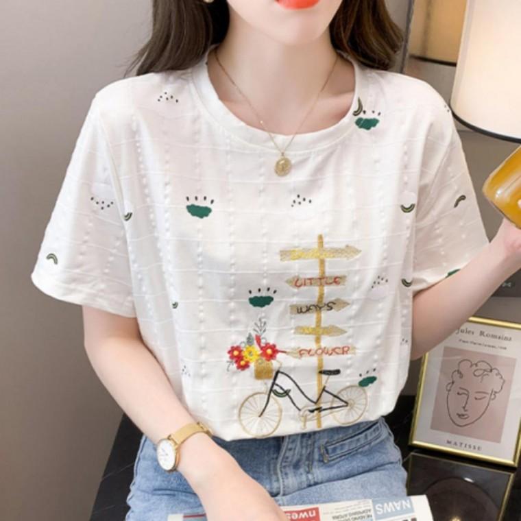 여성 여름 기본 자수 꽃 자전거 루즈핏 반팔 티셔츠