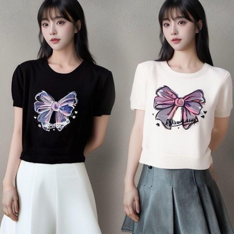 여름 예쁜 샤방 리본 프린팅 라운드넥 니트 티셔츠